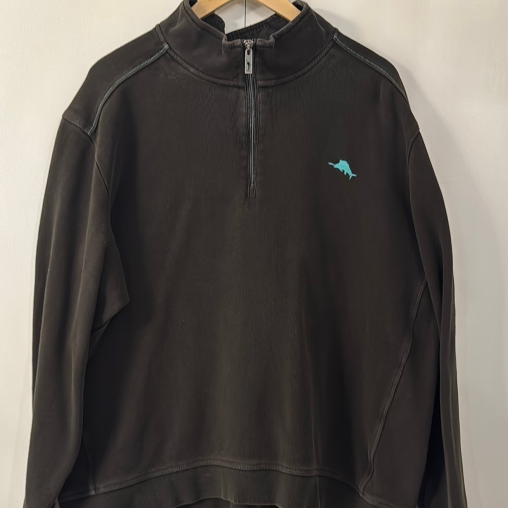 Tommy Bahama Dark Olive Zip Up Sweater with Stand-Up Collar